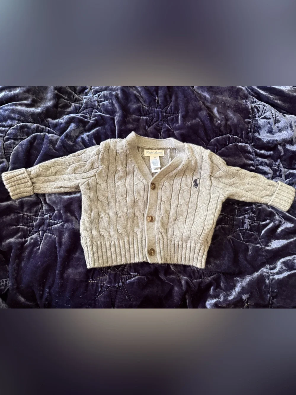Ralph Lauren Baby Grey Cable-Knit Cardigan with Navy Logo